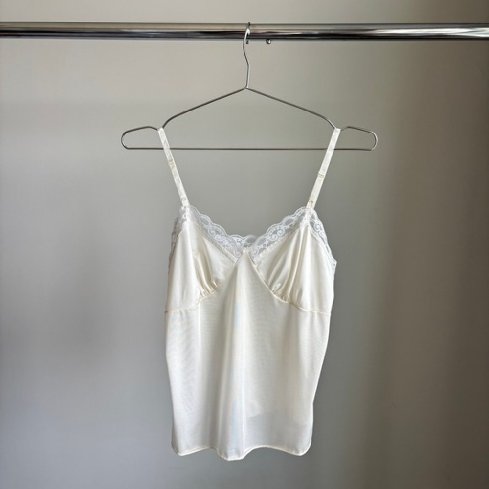70s Vintage Deena Cami Tank S Ivory Lace Trim Lingerie Coquette Romantic Dreamy